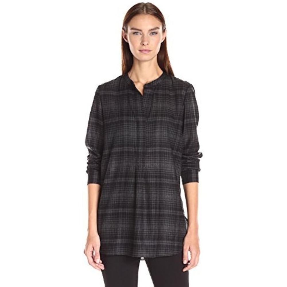 Theory Orvinio Avalon Plaid Shirt 100% Wool Grey Black Tunic Top Size P‎